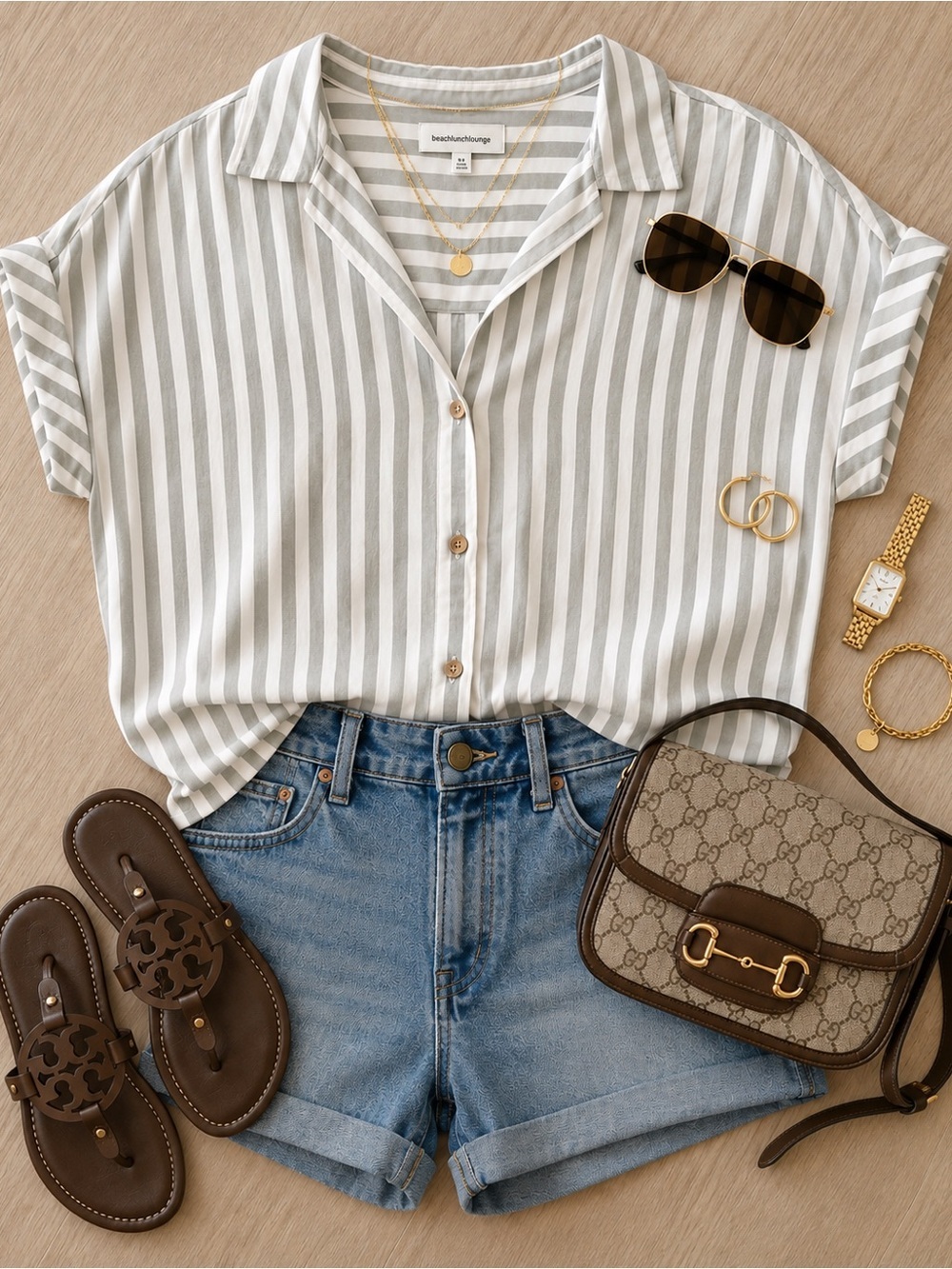 beachlunchlounge Gray and White Striped Short Sleeve Button Shirt
